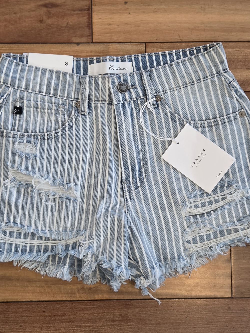 KanCan Light Blue & White Striped Distressed Denim Shorts Small Cheeky